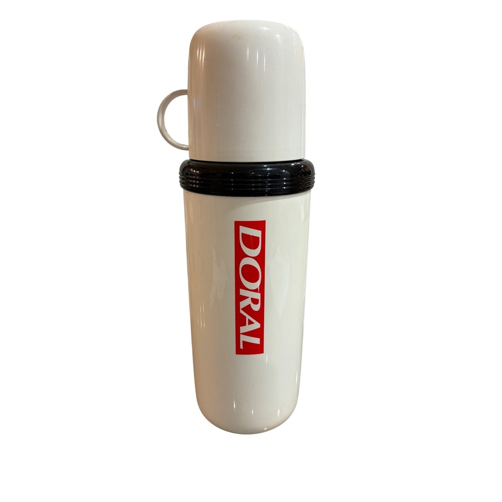 Vintage DORAL Thermos 0.75L Made in Germany White Bottle Cup Set 1970s-1980s